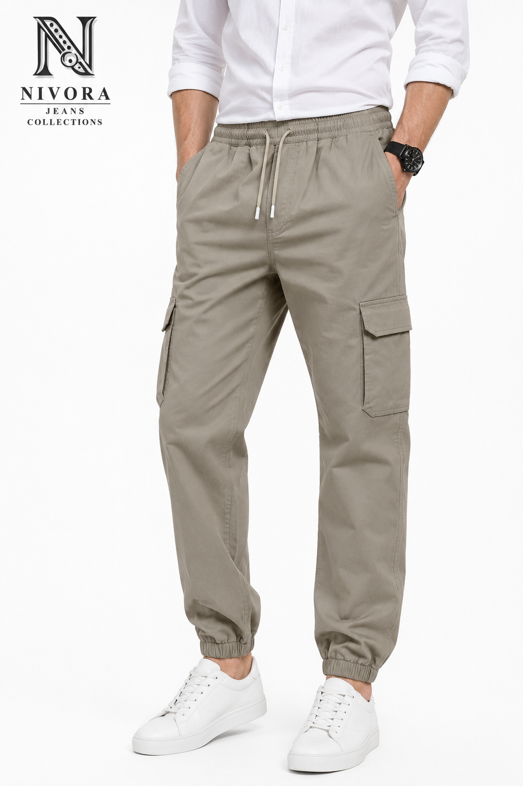 Men's Light Ash Grey Cargo Twill Cotton Jogger Pants - 6 Pocket Elastic Bottom Drawstring Casual Trousers | Free Size (30-38) | Nivora Jeans Collections
