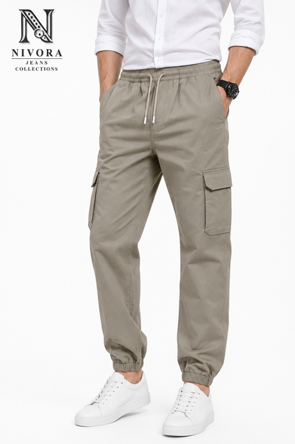 Men's Light Ash Grey Cargo Twill Cotton Jogger Pants - 6 Pocket Elastic Bottom Drawstring Casual Trousers | Free Size (30-38) | Nivora Jeans Collections