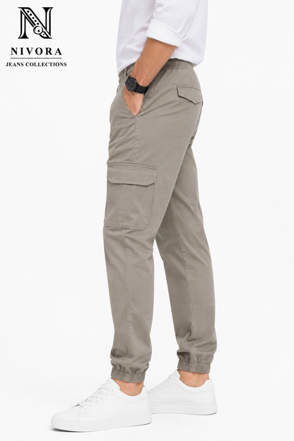 Men's Light Ash Grey Cargo Twill Cotton Jogger Pants - 6 Pocket Elastic Bottom Drawstring Casual Trousers | Free Size (30-38) | Nivora Jeans Collections