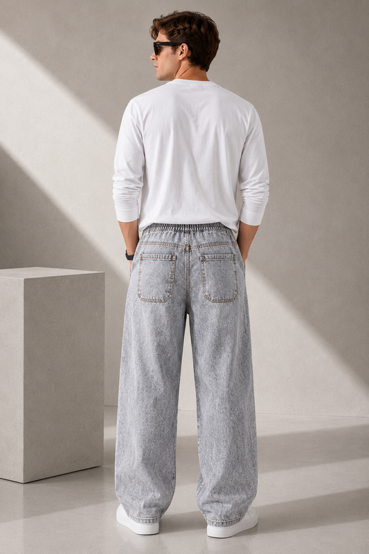 Men's Storm Grey wide leg baggy denim jeans with large front pockets and detailed stitching back side