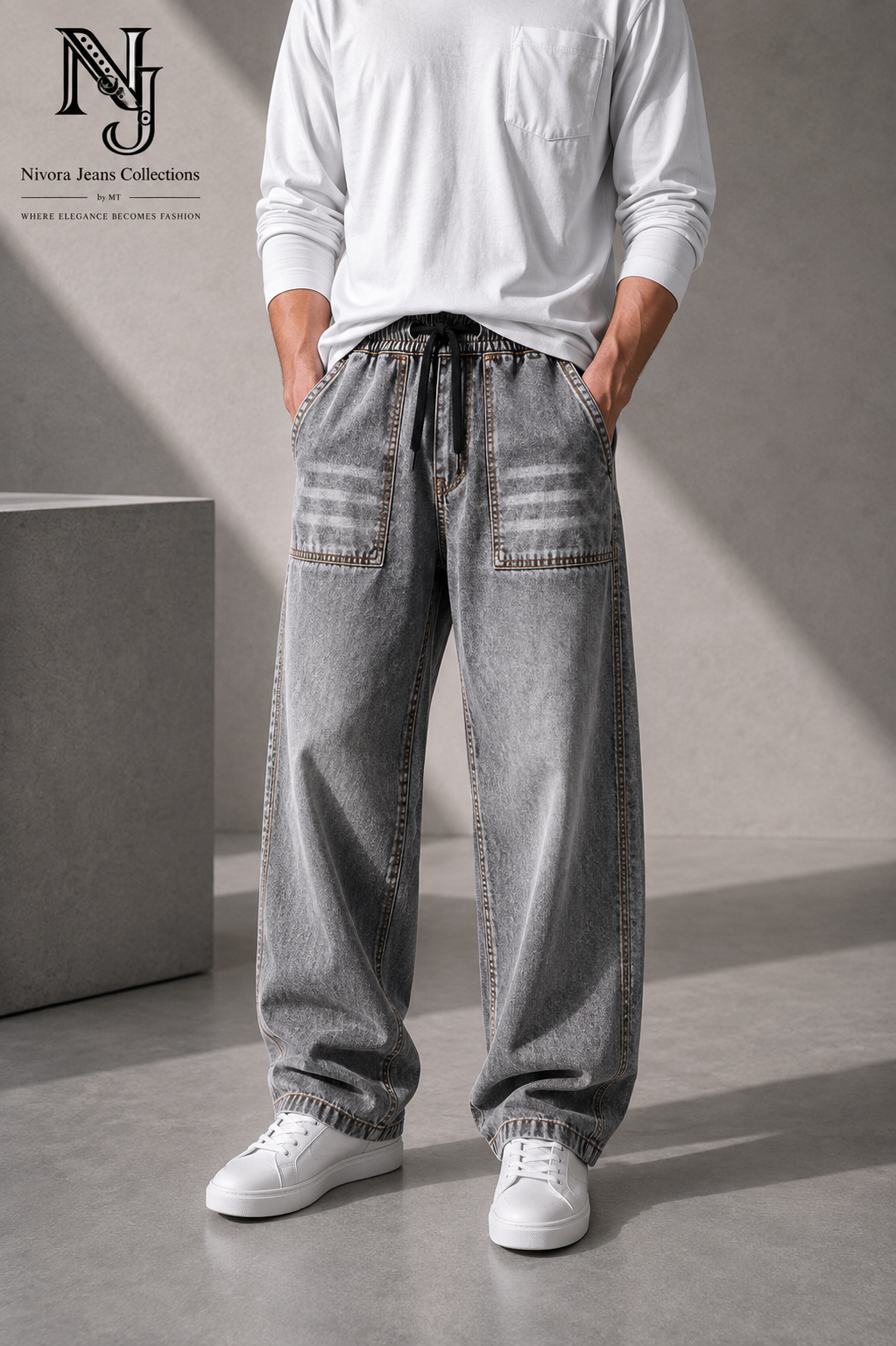 Light Sky Blue Wide Big Pocket Viscor Spray Denim Jeans for Men | Nivora Jeans Collections