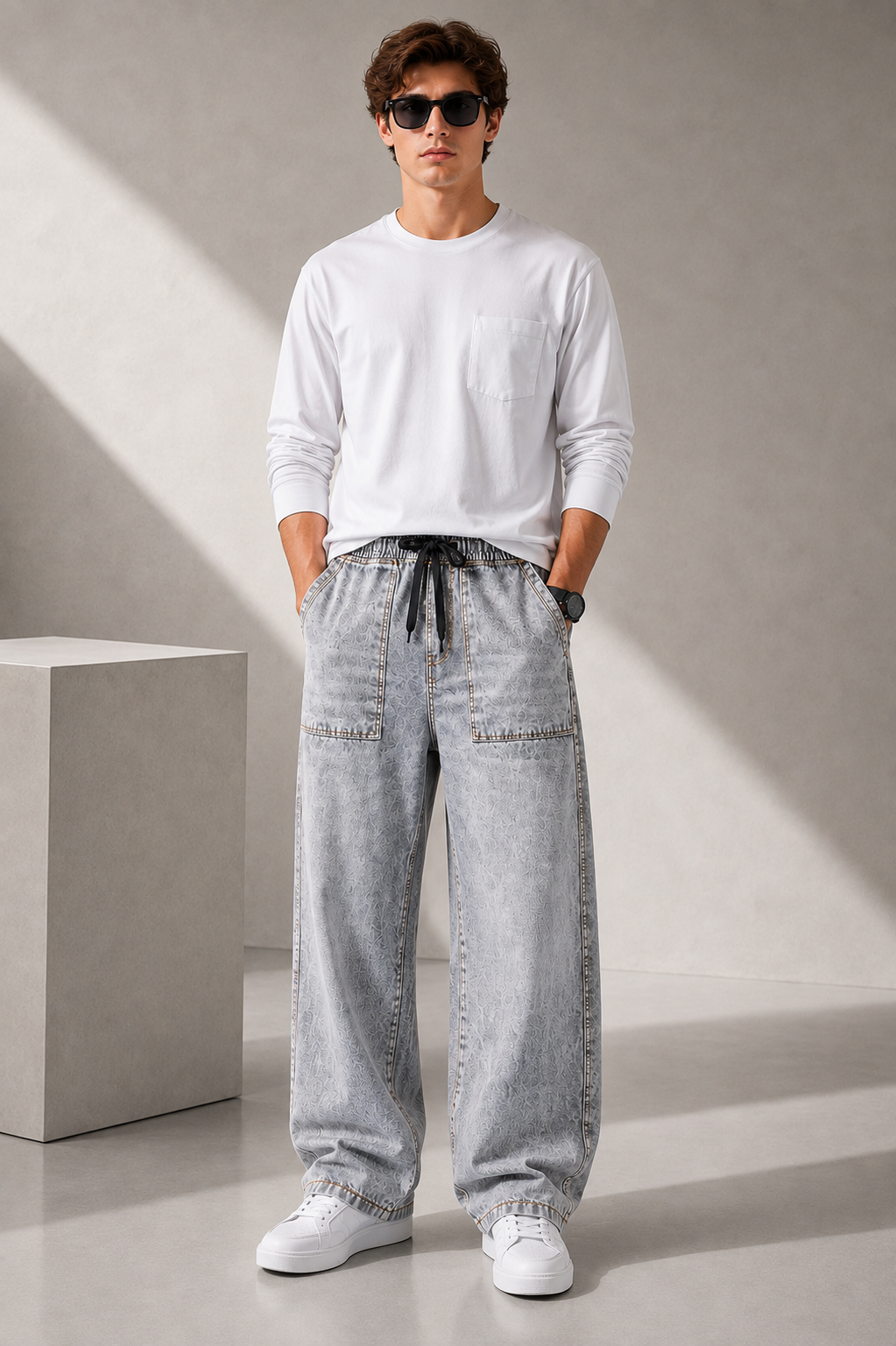 Nivora men's Storm Grey wide leg big pocket premium cotton denim jeans with faded finish