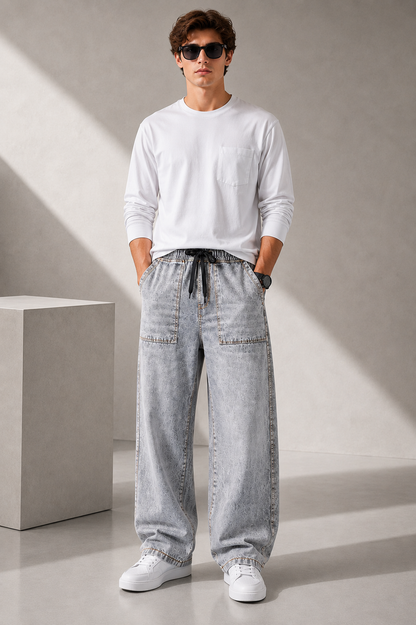 Nivora men's Storm Grey wide leg big pocket premium cotton denim jeans with faded finish