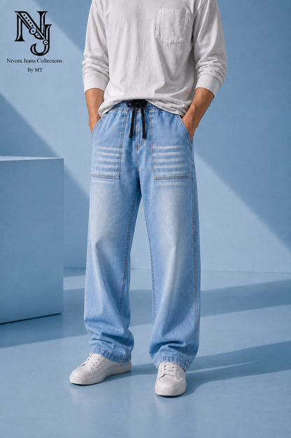 Light Sky Blue Wide Big Pocket Viscor Spray Denim Jeans for Men | Nivora Jeans Collections