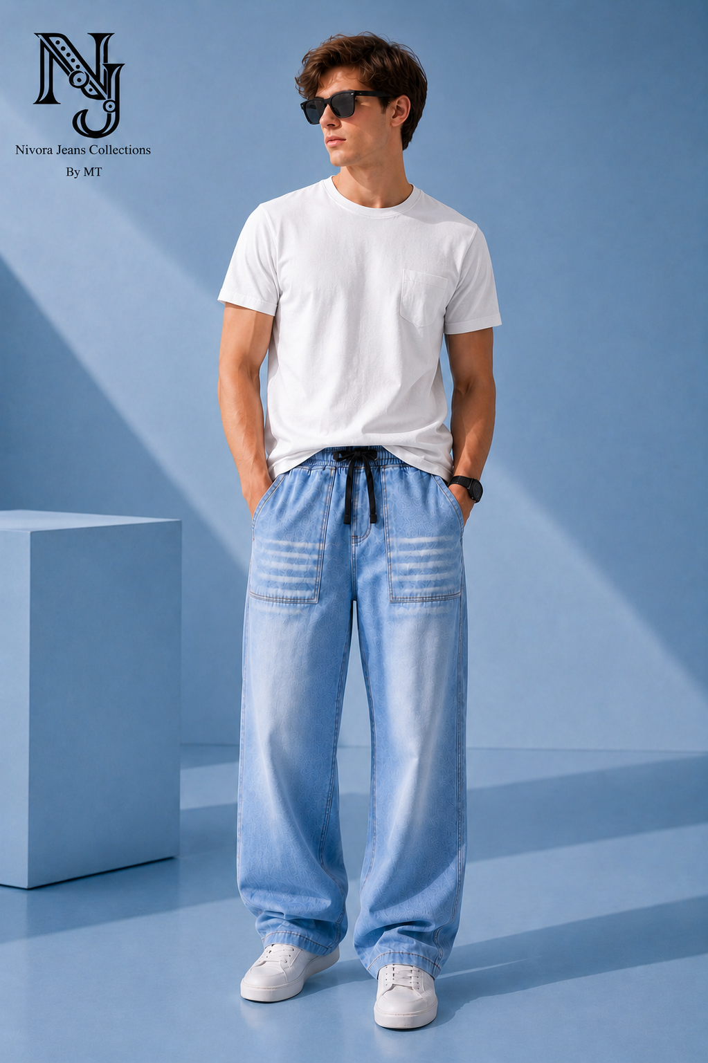 Light Sky Blue Wide Big Pocket Viscor Spray Denim Jeans for Men | Nivora Jeans Collections