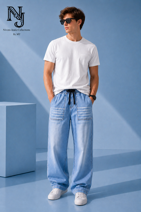 Light Sky Blue Wide Big Pocket Viscor Spray Denim Jeans for Men | Nivora Jeans Collections