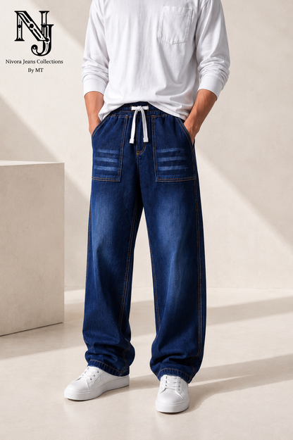 Light Sky Blue Wide Big Pocket Viscor Spray Denim Jeans for Men | Nivora Jeans Collections