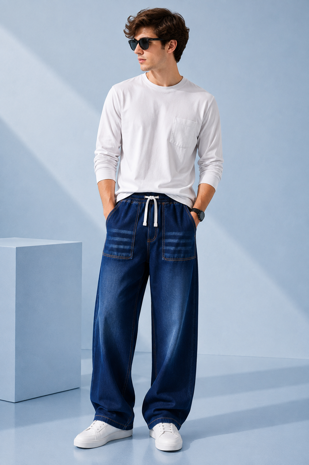 Men's Navy Blue Wide Leg Viscor Spray Denim Jeans with big front pockets and drawstring waist by Nivora Jeans Collections