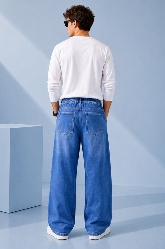 Nivora Men's Mid Blue Baggy Denim Jeans showing wide-leg fit, big pocket design and Viscor spray detailing Back side 
