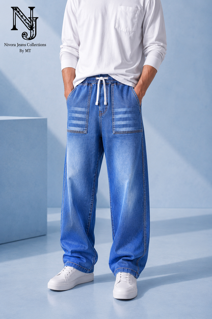 Light Sky Blue Wide Big Pocket Viscor Spray Denim Jeans for Men | Nivora Jeans Collections