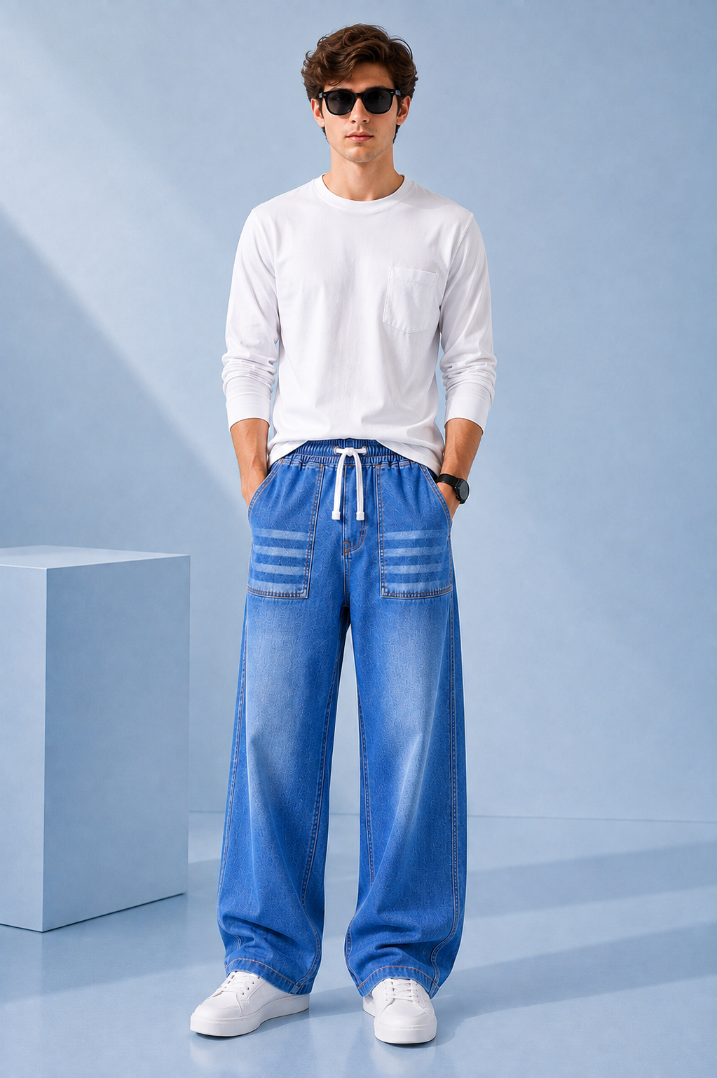 Men's Mid Blue Wide Leg Viscor Spray Denim Jeans with big front pockets and drawstring waist by Nivora Jeans Collections