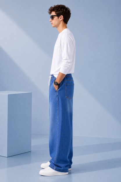 Men's Mid Blue Wide Leg Big Pocket Viscor Spray Denim Jeans Pants | Nivora Jeans Collections