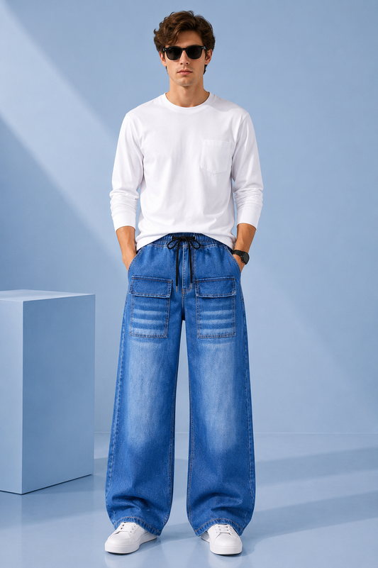 Men's Mid Blue Front Six Pocket Viscor Spray Denim Jeans Pants | Nivora Jeans Collections