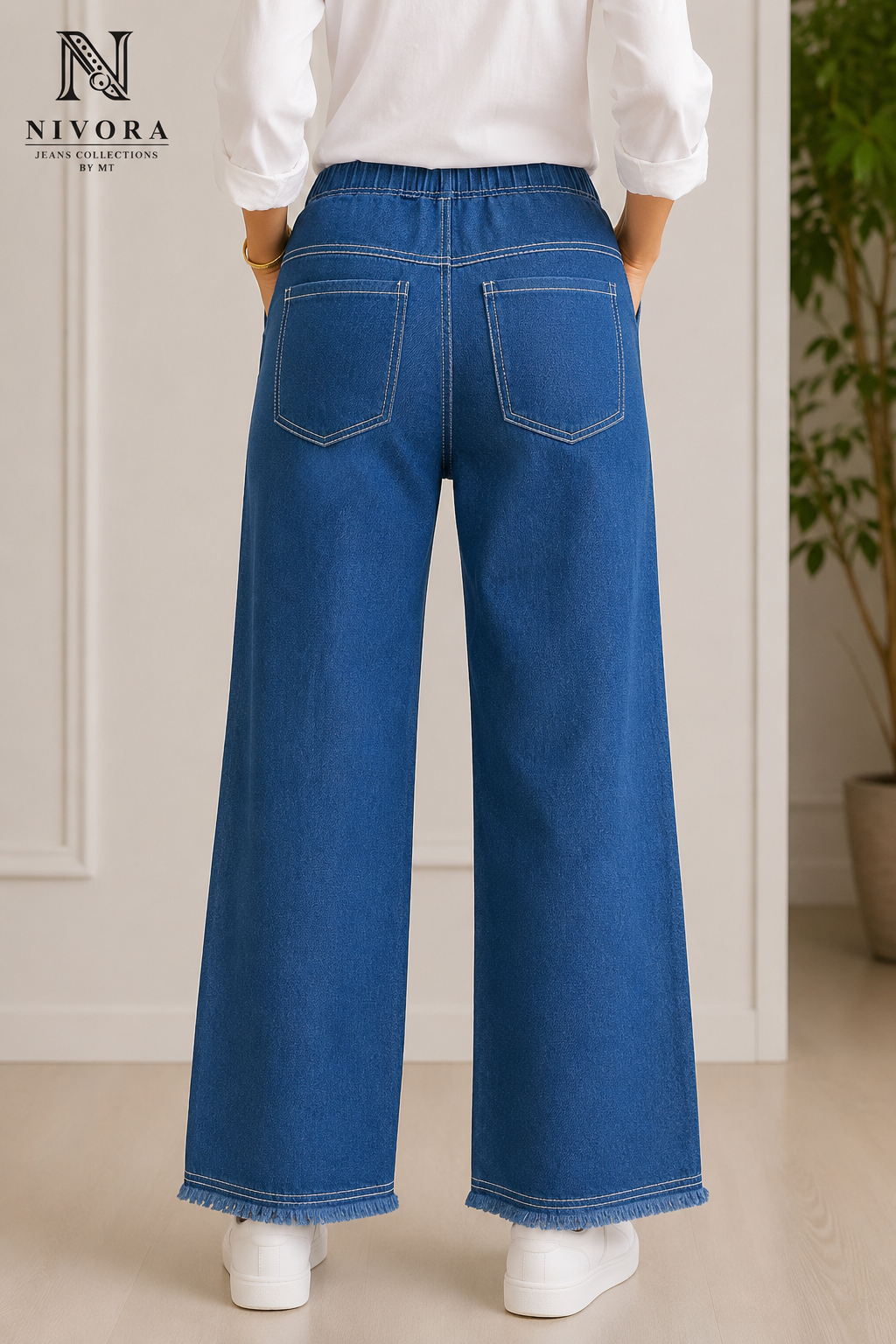 Women's Plain Wide Leg Denim Jeans Pants - Free Size Stretch White Leg Flapper Trousers | Light Blue & Dark Blue | Nivora Jeans Collections