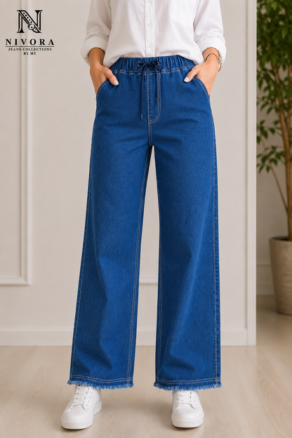 Women's Plain Wide Leg Denim Jeans Pants - Free Size Stretch White Leg Flapper Trousers | Light Blue & Dark Blue | Nivora Jeans Collections
