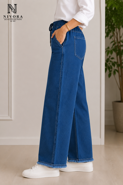 Women's Plain Wide Leg Denim Jeans Pants - Free Size Stretch White Leg Flapper Trousers | Light Blue & Dark Blue | Nivora Jeans Collections