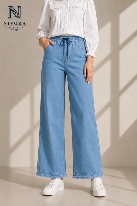Women's Plain Wide Leg Denim Jeans Pants - Free Size Stretch White Leg Flapper Trousers | Light Blue & Dark Blue | Nivora Jeans Collections