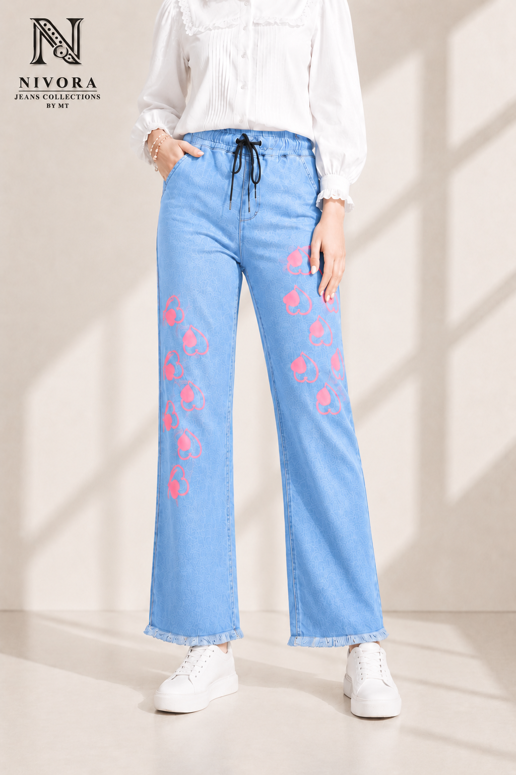 Nivora Collections Ladies Wide Leg Heart Printed Denim Jeans Dark Blue
