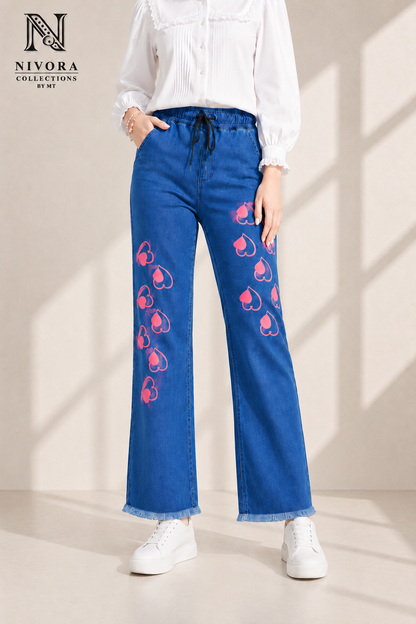 Nivora Collections Ladies Wide Leg Heart Printed Denim Jeans Dark Blue