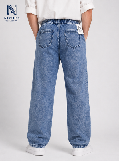 Spray Wash Blue Denim Jeans - Back Detail View - Six Pocket Relaxed Fit Denim Pants for Men