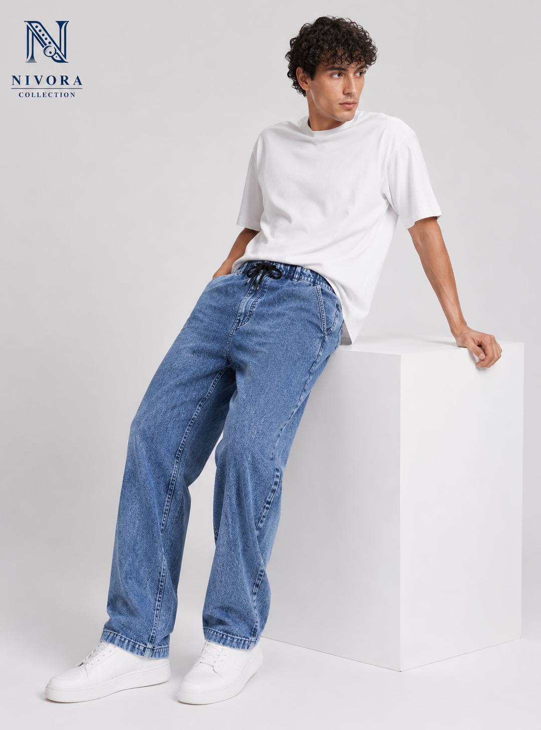 Spray Wash Six Pocket Blue Denim Jeans Pants for Men | Baggy Wide Leg Relaxed Fit Denim Trousers | Nivora Jeans Collections