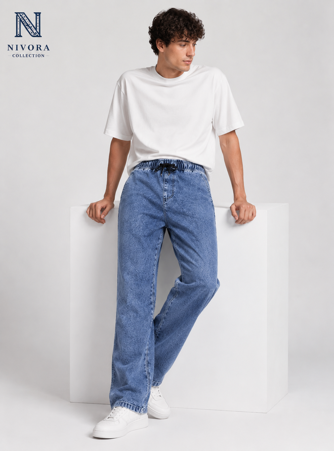 Spray Wash Six Pocket Blue Denim Jeans Pants for Men by Nivora Jeans Collections - Full Front View - Baggy Wide Leg Premium Denim