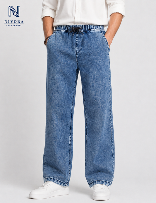 Spray Wash Six Pocket Blue Denim Jeans Pants - Front Product Detail - Relaxed Fit Baggy Denim Trousers for Men
