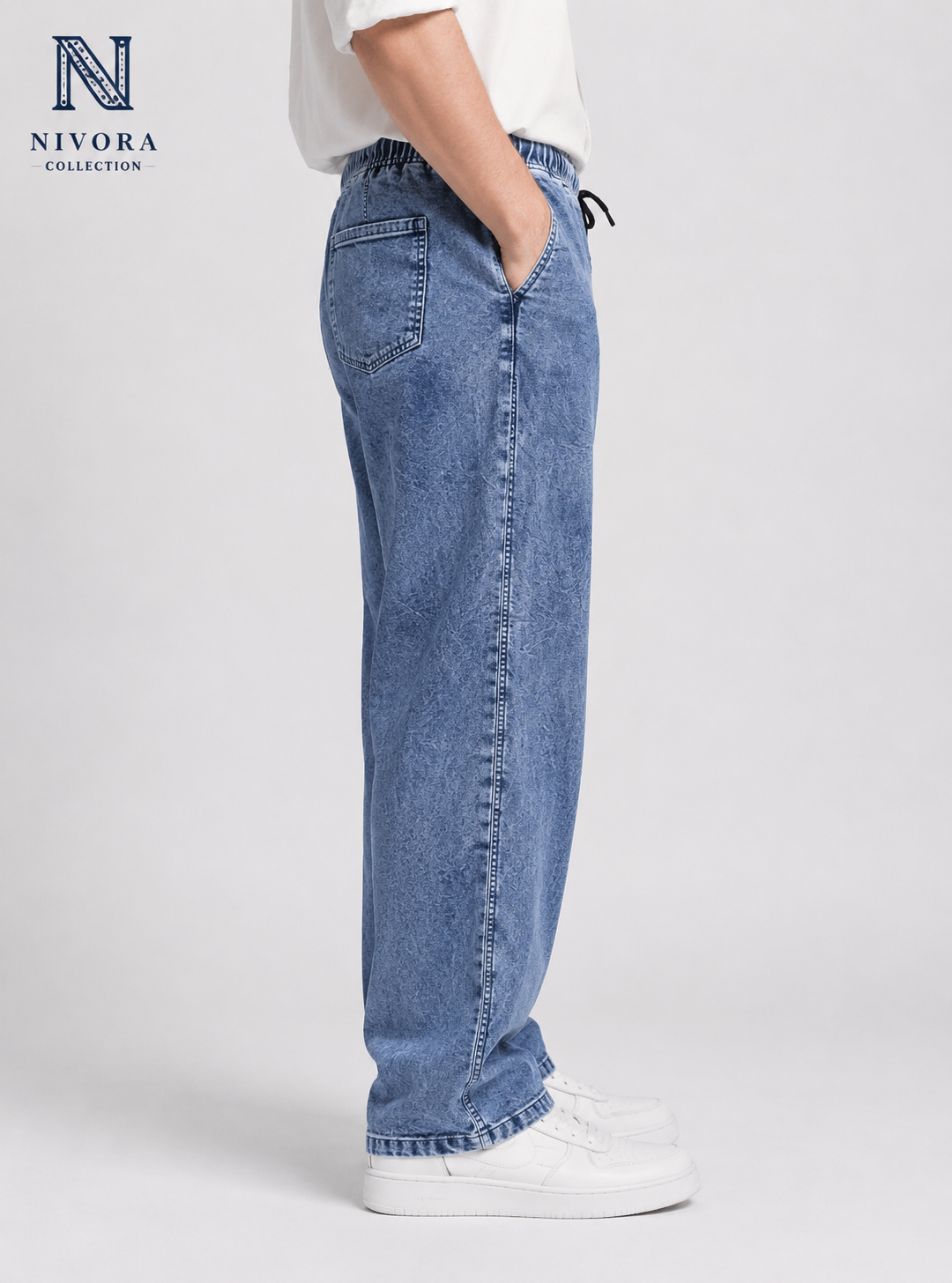 Spray Wash Blue Baggy Denim Jeans - Side Detail View - Six Pocket Relaxed Fit Denim Pants