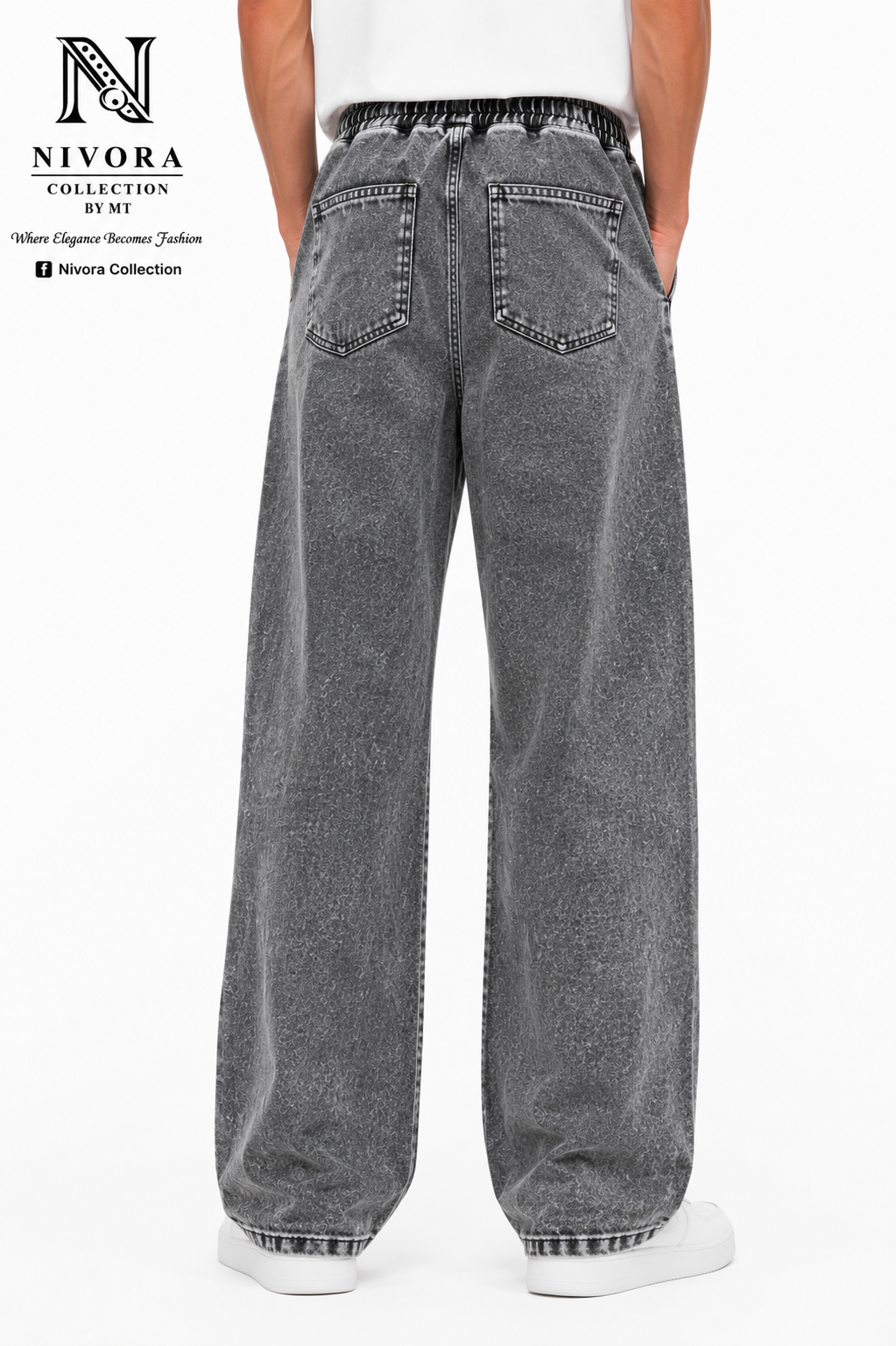 Rear upper view of Nivora Grey Shade Loose Fit Denim Jeans Pants for Men showcasing premium washed denim finish and waistband details.