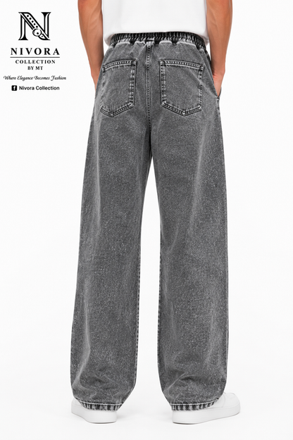 Rear upper view of Nivora Grey Shade Loose Fit Denim Jeans Pants for Men showcasing premium washed denim finish and waistband details.