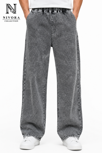Front view of Nivora Grey Shade Loose Fit Denim Jeans Pants for Men showing premium washed grey denim fabric and relaxed fit.