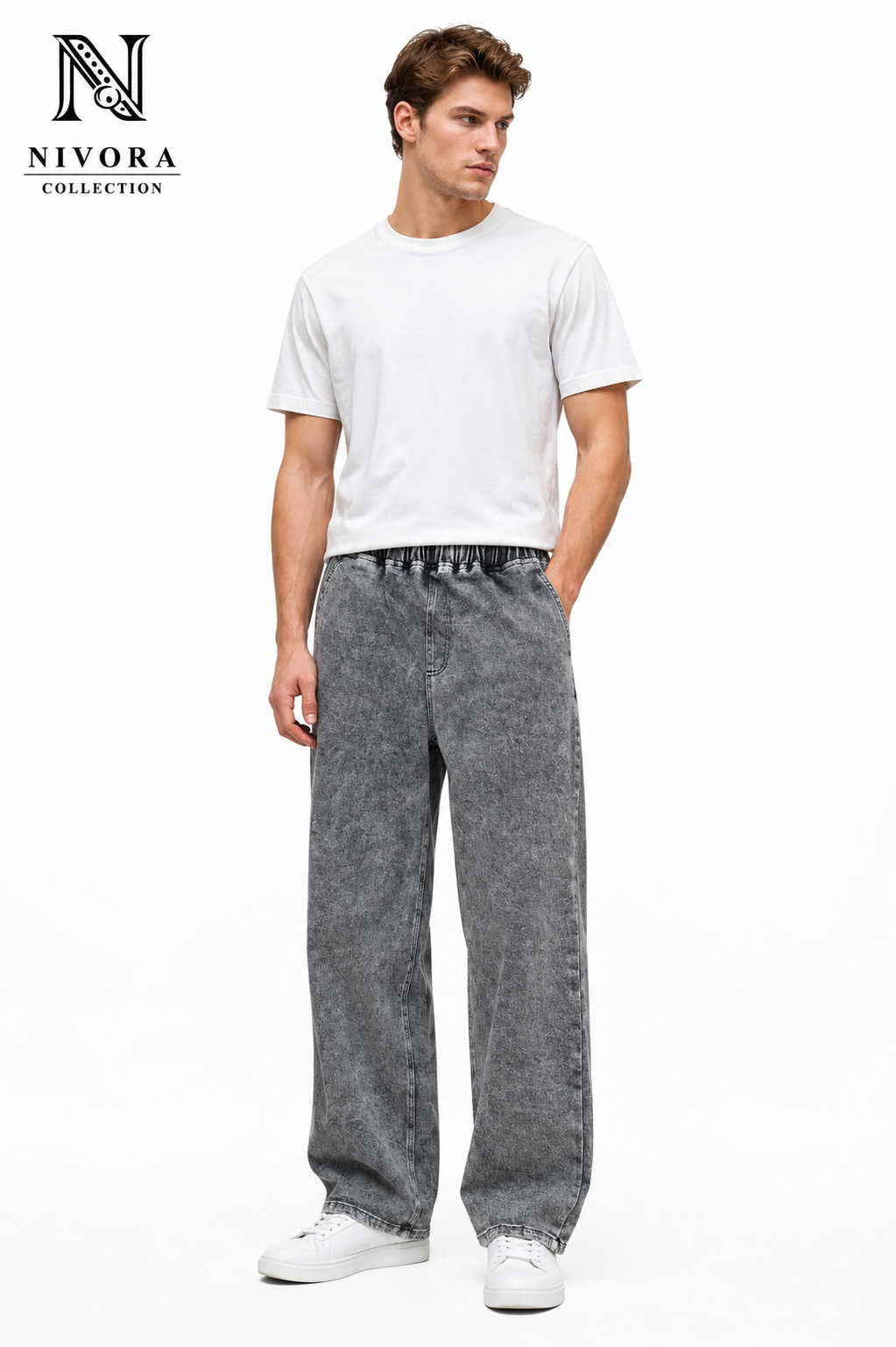 Nivora Grey Shade Loose Fit Denim Jeans Pants for Men full front view featuring premium washed wide leg denim trousers.