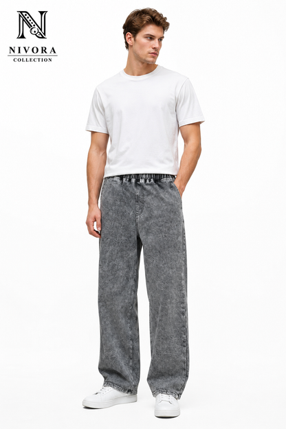Nivora Grey Shade Loose Fit Denim Jeans Pants for Men full front view featuring premium washed wide leg denim trousers.