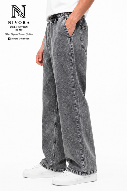 Side close view of Nivora Grey Shade Loose Fit Denim Jeans Pants for Men highlighting premium washed grey denim and relaxed fit.
