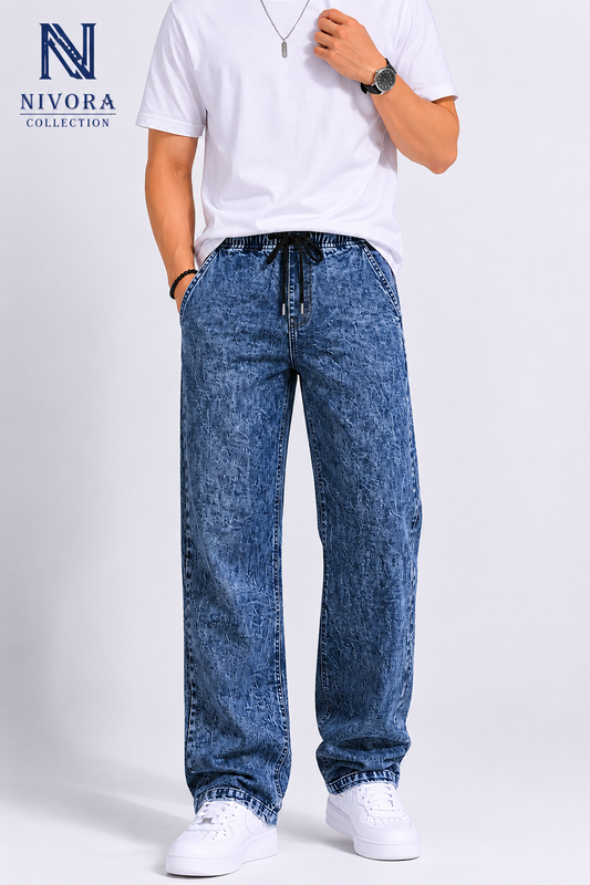 Dark blue loose fit stretch denim jeans pants front view showing premium stone washed finish
