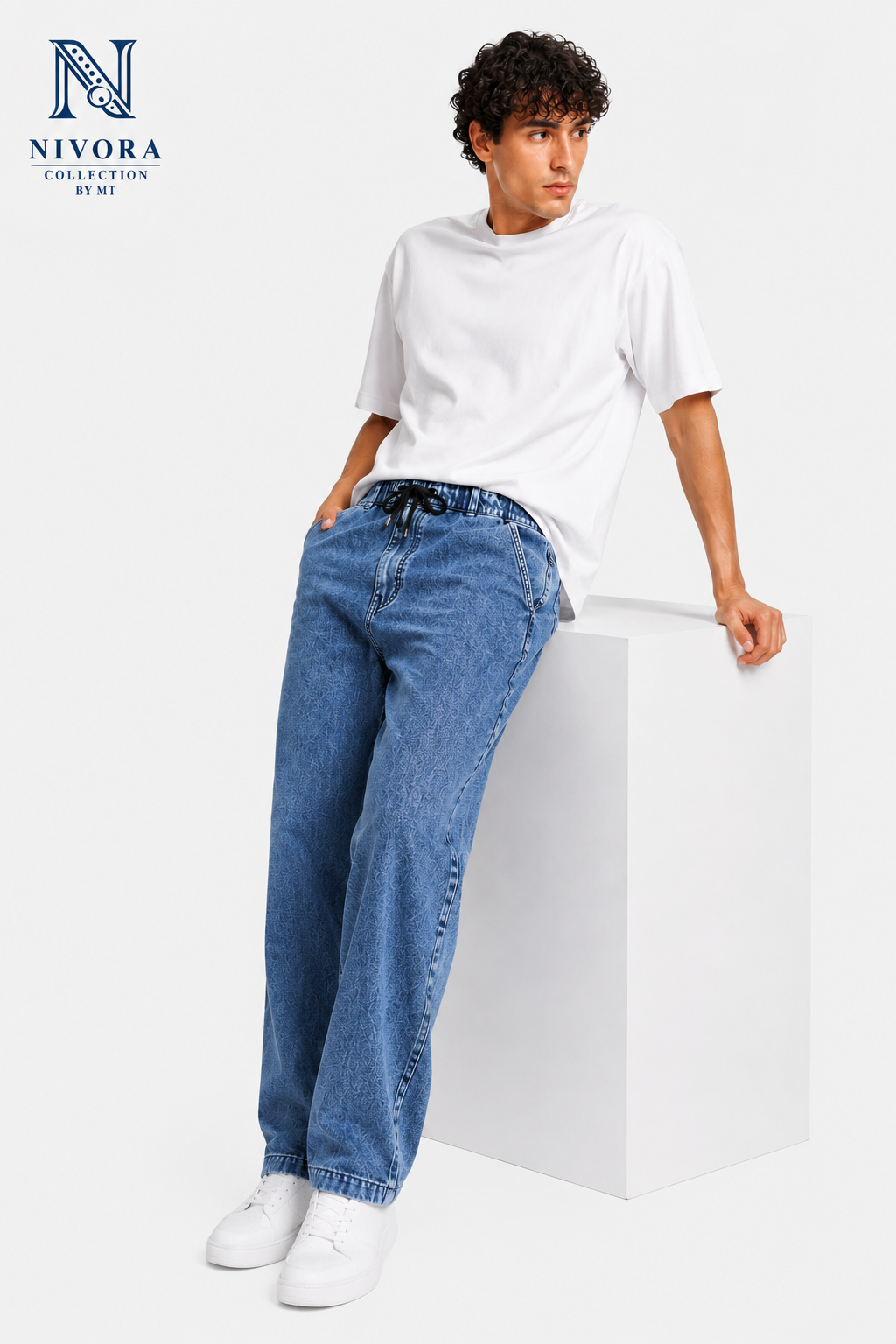 Spray Wash Six Pocket Blue Denim Jeans Pants for Men by Nivora Jeans Collections - Full Front View - Baggy Wide Leg Premium Denim