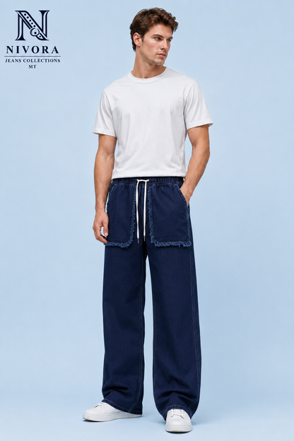 Nivora Men's Baggy Furr Front Pocket Stone Wash Denim Jeans - Adjustable Drawstring Wide Leg Baggy Fit (Light Blue & Dark Blue)