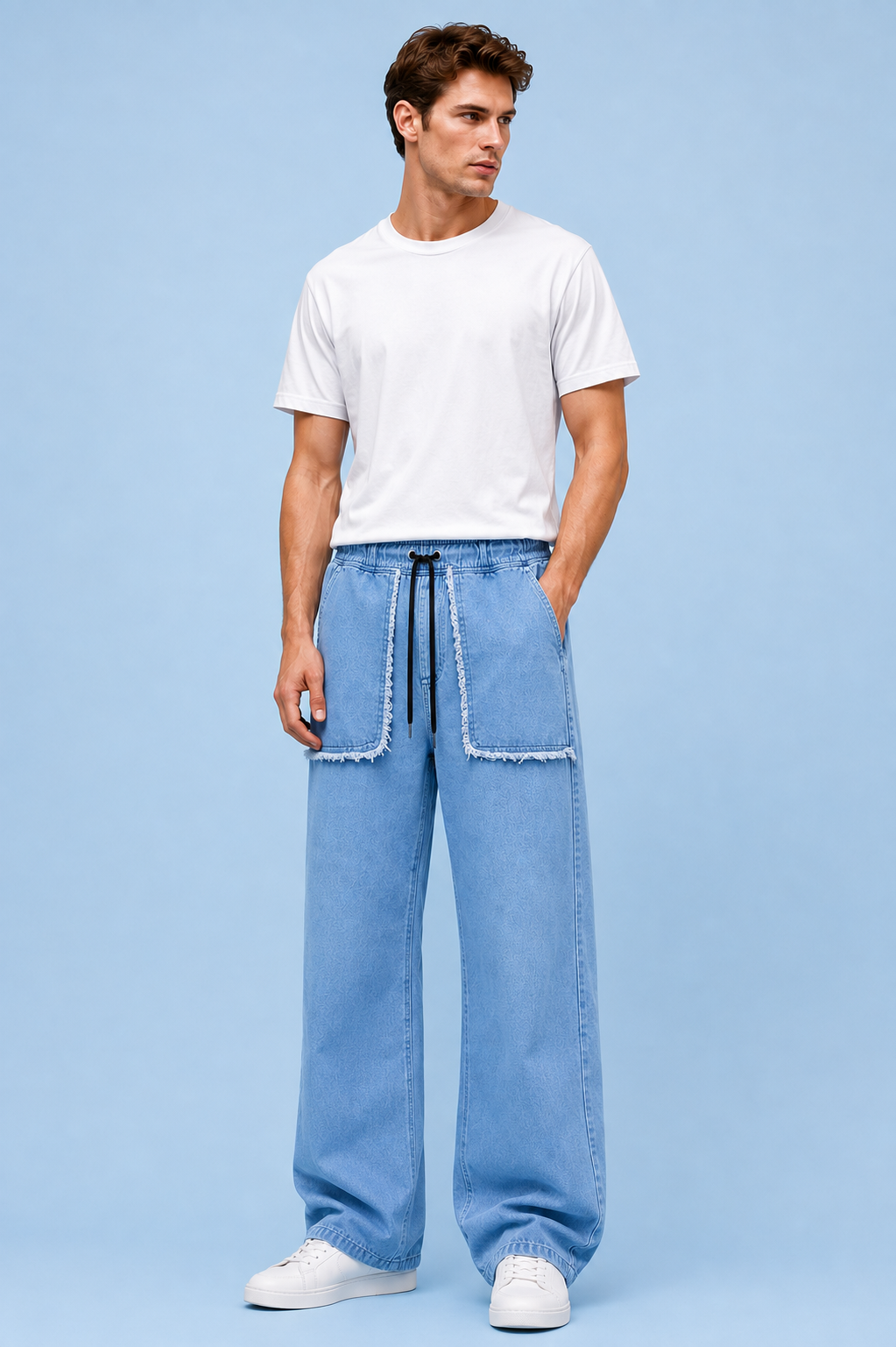 Nivora Men's Baggy Furr Front Pocket Stone Wash Denim Jeans - Adjustable Drawstring Wide Leg Baggy Fit (Light Blue & Dark Blue)