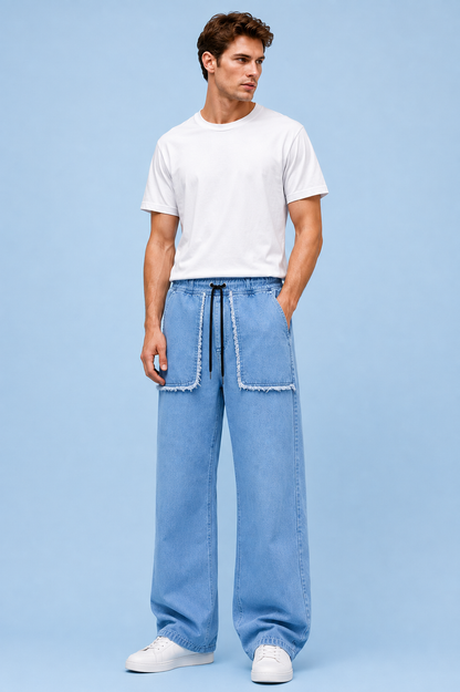 Nivora Men's Baggy Furr Front Pocket Stone Wash Denim Jeans - Adjustable Drawstring Wide Leg Baggy Fit (Light Blue & Dark Blue)