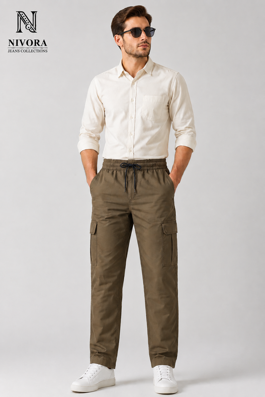 Nivora Men's Olive Cargo Twill Cotton Jeans with Drawstring | 6 Pocket Stretch Waist Relaxed Fit | Free Size (Waist 30-38) Length 40